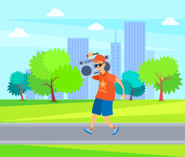 年老的男人去与录音机在公园向量图片下载