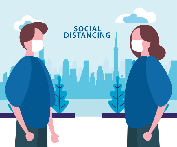 夫妇使用口罩与社交距离应对2019冠状病毒病图片下载