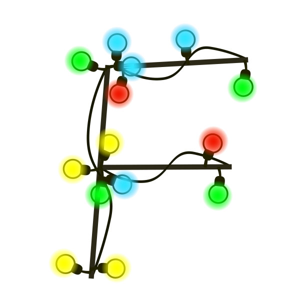大写字母F从花环孤立在白色。电线上的彩色灯泡。圣诞节手写字体的文字或标志。向量EPS 10。图片下载