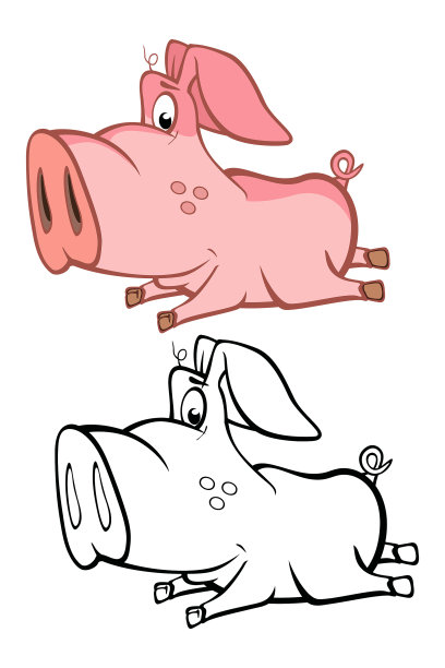 矢量插图一个可爱的卡通人物猪为你设计和电脑游戏。着色书大纲集图片下载