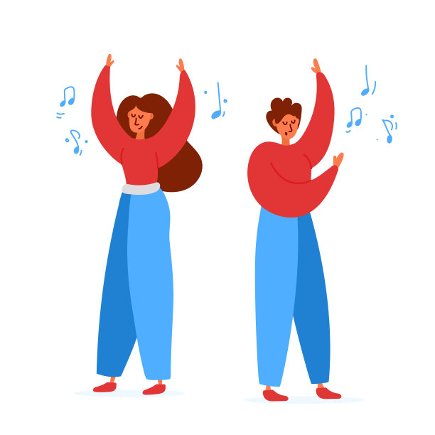 年轻的两个女人和男人听着音乐和跳舞，插画概念图片下载