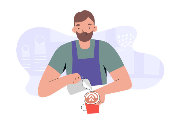 在咖啡店工作的咖啡师，年轻男子穿着围裙，把泡沫牛奶倒在咖啡杯里，准备卡布奇诺，平面矢量卡通插图图片下载