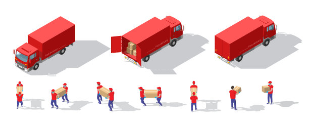 2.5D制服快递员搬运箱子不同姿势合集，含防护面罩。矢量物流服务人员合集。快速货运车。2.5D物流图标图片下载