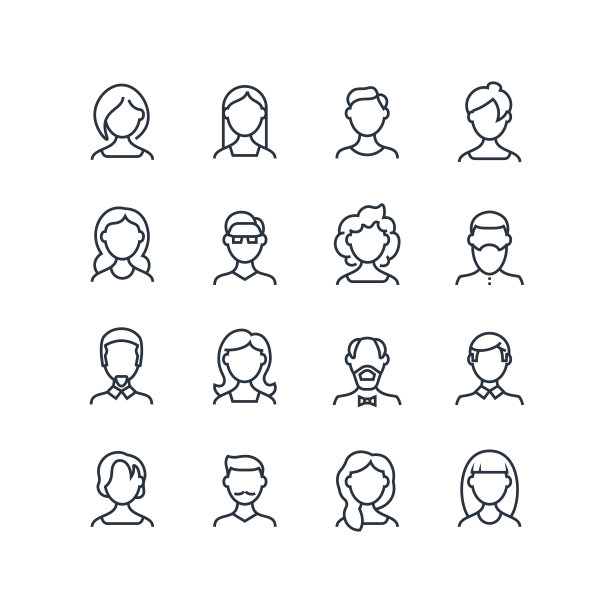 女人和男人的脸线图标。女性男性轮廓符号具有不同的发型。矢量人化身孤立图片下载