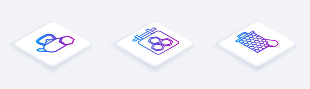 设置蜂蜜茶壶等距线，挂有蜂巢和蜂巢标志。白色正方形按钮。向量图片下载