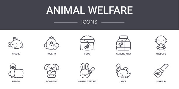 动物福利概念线图标集。包含图标可用的web，标志，用户界面/用户体验，如家禽，杏仁牛奶，枕头，动物测试，老鼠，化妆品，野生动物，食物图片下载