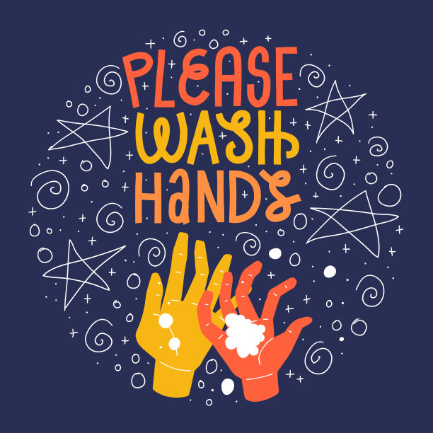 请洗手。圆形洗手涂鸦插图和标语图片下载