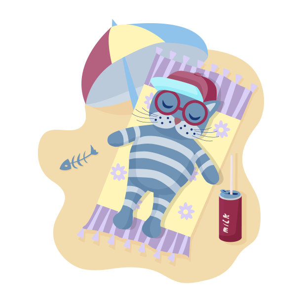 有趣的卡通人物。一只带条纹的猫躺在沙滩上，戴着太阳镜，撑着伞晒太阳。这是夏季。矢量图图片下载