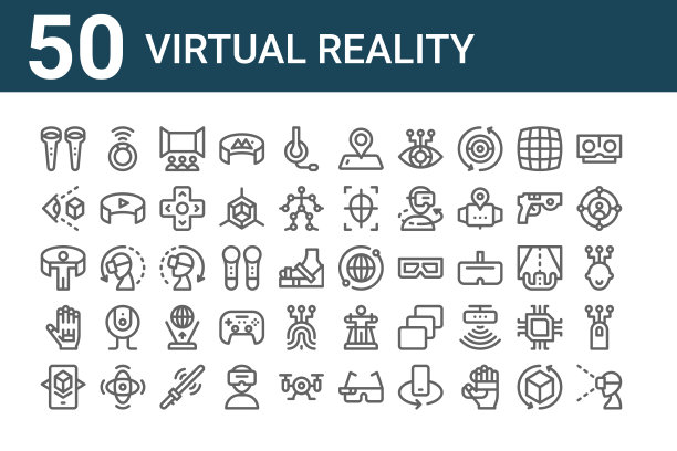 一套50个虚拟现实图标。勾勒细线图标，如虚拟现实眼镜、增强现实、vr、虚拟控制器、全球图片下载