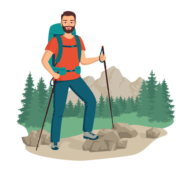年轻快乐健康的男人徒步旅行游客与一个背包。户外活动的概念。徒步旅行,徒步旅行。卡通矢量插图。图片下载