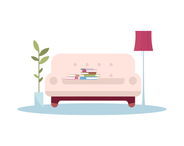 粉色沙发配书堆半平RGB彩色矢量插图图片下载