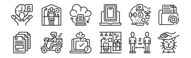 12个瘦轮廓图标，如玩宠物，家庭办公室，外卖，爱好，云，呆在家里上网，移动图片下载