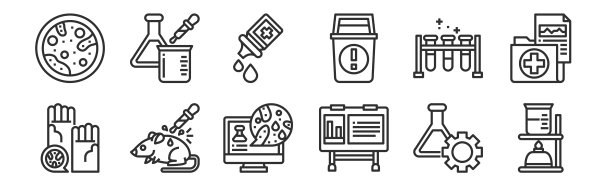 一套12瘦轮廓图标，如燃烧，板，实验，试管，疫苗，实验的网页，移动图片下载
