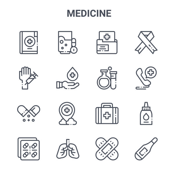 一组16个医学概念矢量线图标。64x64细描图标，如水杯，手，医院，医疗包，肺，温度计，创可贴，试管，癌症图片下载