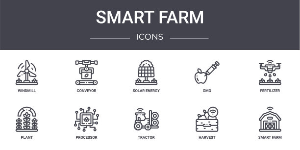智能农场概念线图标集。包含图标，可用于web, logo, ui/ux，如输送机，gmo，植物，拖拉机，收获，智能农场，肥料，太阳能图片下载
