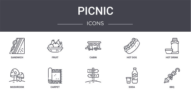野餐概念线图标集。包含图标，可用于web，徽标，ui/ux，如水果，热狗，蘑菇，汽水，烧烤，热饮，客舱图片下载