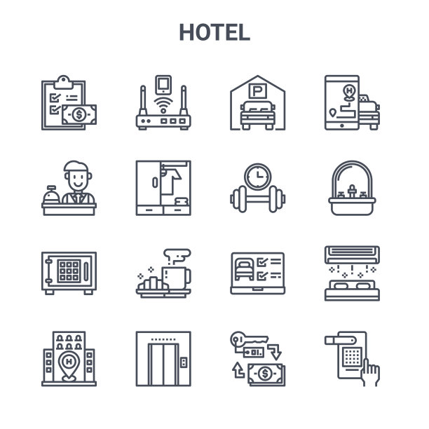 一组16个酒店概念向量线图标。64x64薄笔触路由器、接收器、水槽、笔记本电脑、电梯、手、钥匙、哑铃、智能手机等图标图片下载