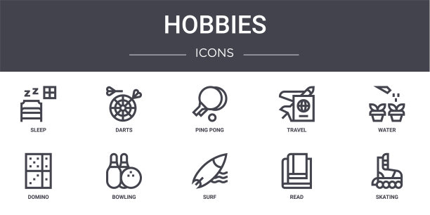 爱好概念线图标集。包含图标，可用于web，徽标，ui/ux，如飞镖，旅行，多米诺骨牌，冲浪，阅读，滑冰，水，乒乓球图片下载