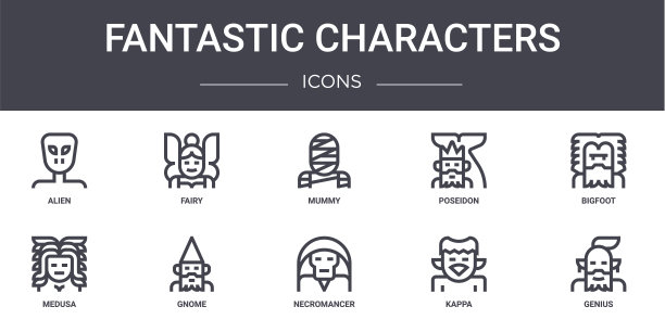 神奇的角色概念线图标集。包含图标可用的web，标志，用户界面/用户体验，如仙女，海神，美杜莎，死灵，卡帕，天才，大脚，木乃伊图片下载