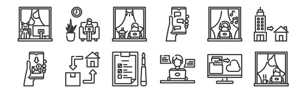 一组12瘦轮廓图标，如工作，在线聊天，送货上门，工作，工作，为web，移动图片下载