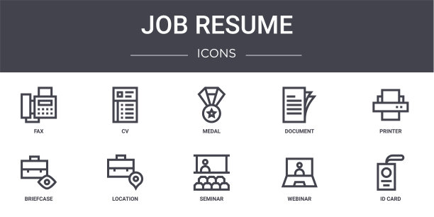 工作简历概念线图标集。包含图标，可用于web，徽标，ui/ux，如简历，文件，公文包，研讨会，网络研讨会，身份证，打印机，奖章图片下载