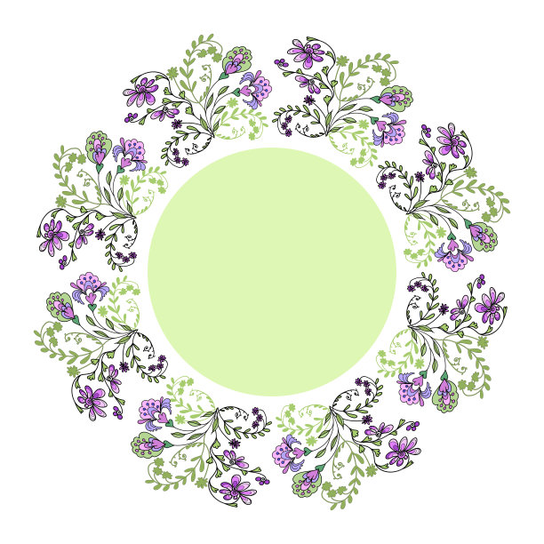 圆形矢量花架。大纲手绘小紫花收集在一束，在中心的地方为文字图片下载