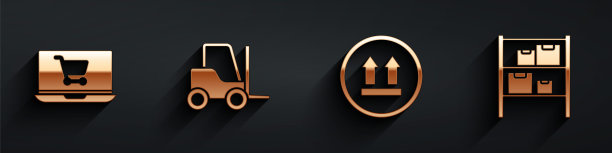 将购物车放在笔记本电脑上，叉车上，这面朝上，仓库图标有长长的阴影。向量图片下载