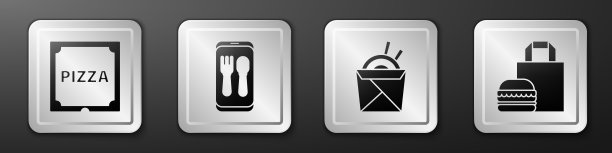 在纸板箱里设置披萨，在线订购和送货，亚洲面条和筷子和在线订购汉堡送货图标。银广场按钮。向量图片下载