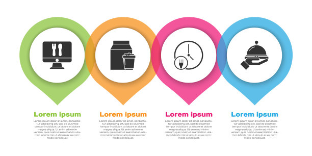 设置在线订购和配送，在线订购和配送，24小时配送和覆盖托盘的食物。业务信息模板。向量图片下载