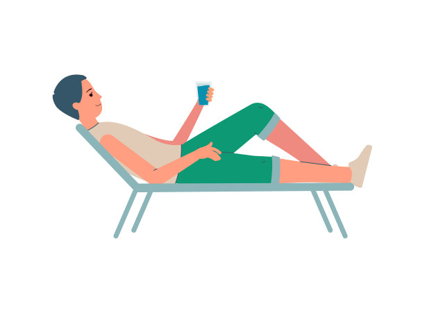 男子character躺在躺椅上与饮料平面矢量插图隔离。图片下载