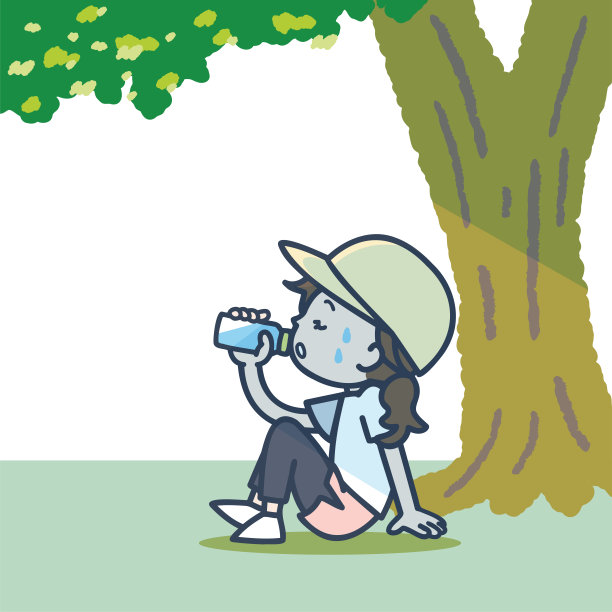 这幅画描绘的是一个在运动期间在树荫下补充水分的女人。矢量图像。图片下载