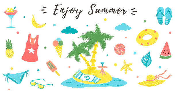 夏季系列元素，一套手绘插画。棕榈，岛屿，冰淇淋，西瓜，菠萝。图片下载