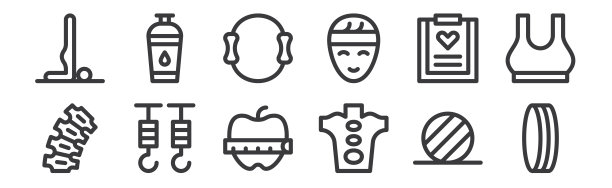 12套线性普拉提图标。瘦轮廓图标，如圆圈，热石，钩，健康检查，普拉提，水瓶为网络，移动。图片下载
