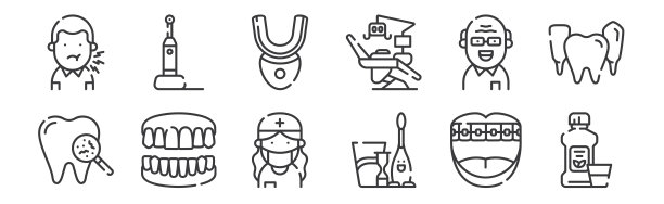 12套线性牙科保健图标。薄轮廓图标，如漱口水，儿童，假牙，老人，牙齿美白，网络，移动电动牙刷。图片下载
