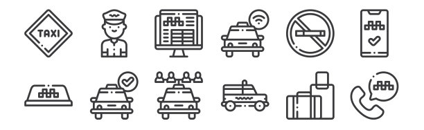 12套线性的士服务图标。瘦轮廓图标，如呼叫，出租车，出租车，禁止吸烟，预订，出租车司机为网络，移动。图片下载