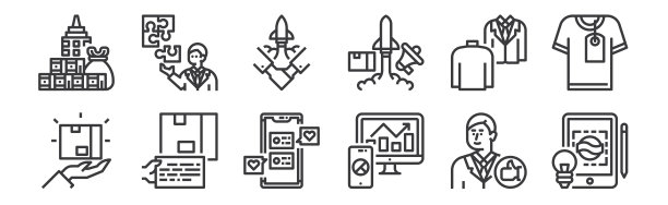 12组线性品牌图标。细轮廓图标，如创意，分析，内容，个性，合作伙伴，网页拼图，移动。图片下载