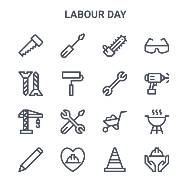 一套16劳动节概念矢量线图标。64x64细行程螺丝刀、螺丝、钻头、手推车、劳动节、劳动节、交通锥、扳手、安全眼镜等图标图片下载