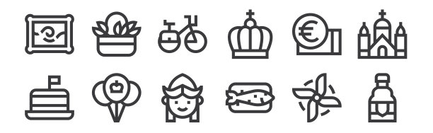 12套线性荷兰图标。瘦轮廓图标，如啤酒，鱼，气球，欧元，自行车，郁金香为网络，移动。图片下载