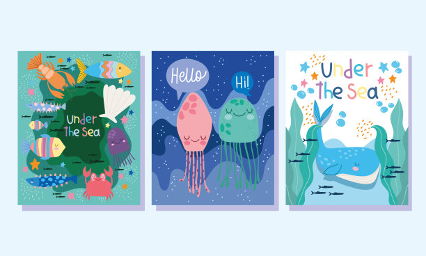 海底，鲸、水母、鱼、蟹、海藻等海洋生物景观卡通横幅封面和宣传册图片下载