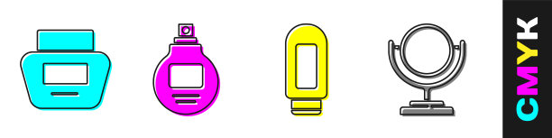 设置霜或乳液化妆品管，香水，霜或乳液化妆品管和圆形化妆镜图标。向量图片下载