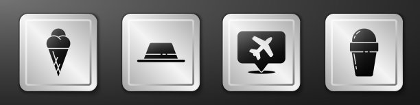 设定冰淇淋在华夫蛋筒，男人的帽子与丝带，语音泡泡与飞机和冰淇淋在华夫蛋筒图标。银广场按钮。向量图片下载