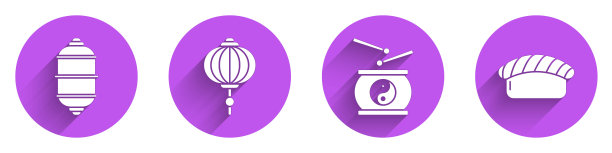 设置中国纸灯笼，中国纸灯笼，中国鼓和寿司图标长影子。向量图片下载