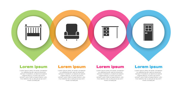 设置婴儿床，摇篮床，扶手椅，办公桌和关门。业务信息模板。向量图片下载