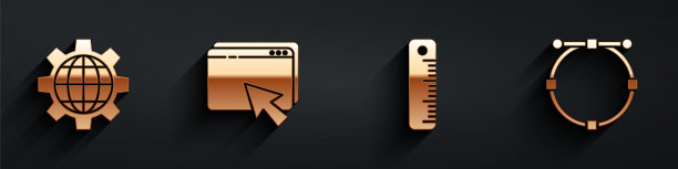 集地球和齿轮的地球仪，网页设计和开发，标尺和圆形与贝塞尔曲线图标长阴影。向量图片下载