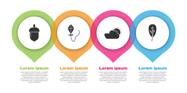 设置橡子，风筝，太阳和云天气和树叶或树叶。业务信息模板。向量图片下载