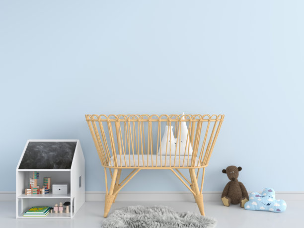 蓝色儿童卧室的模型，3D渲染图片下载