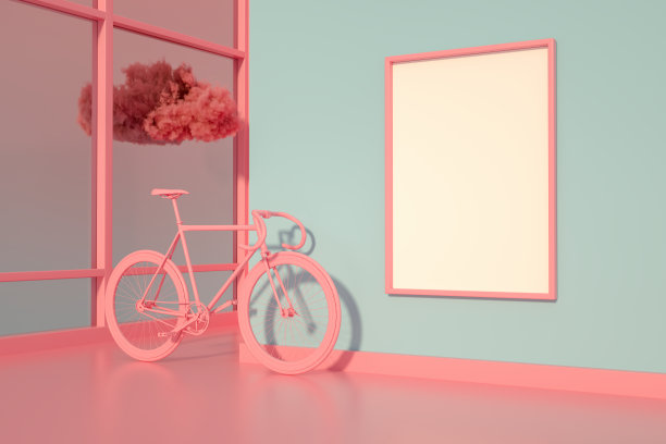 3D空框架在客厅与阳光和云图片下载