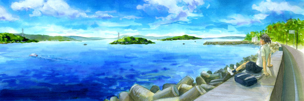 坐在濑户内海旁边的日本高中女孩图片下载