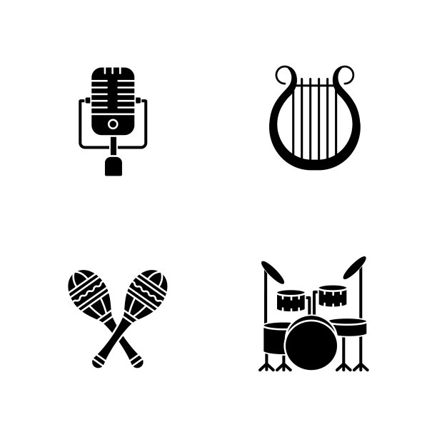 乐队乐器黑色象形文字图标设置在空白图片下载