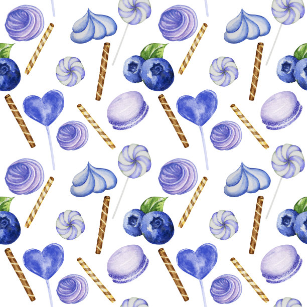 鲜亮甜美美味的水彩与蛋白霜，华夫饼，糖果，杏仁饼干，蓝莓无缝图案。蓝色，紫色，米色，织物纹理，手绘插图在白色的背景图片下载